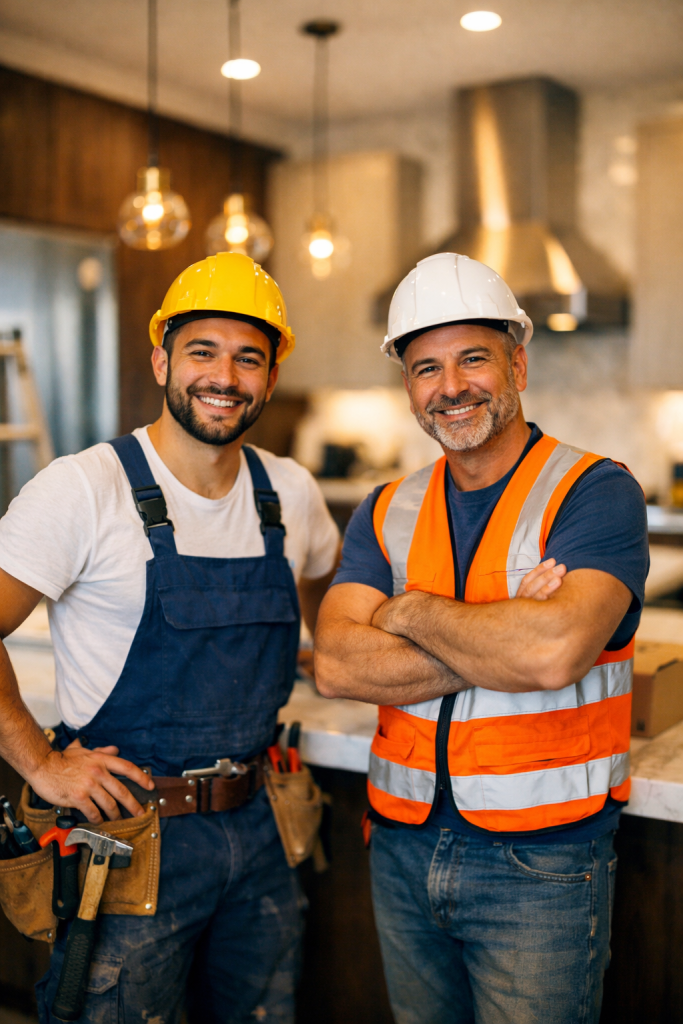 Personal especializado en obras y reformas, mostrando profesionalidad y trato cercano en un proyecto de interiorismo, construcciones y reformas en Valencia.